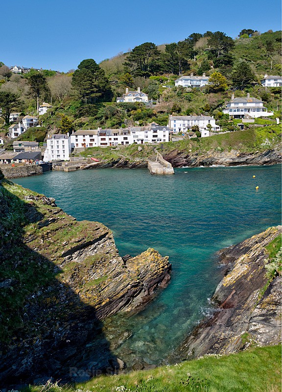 Portrait view of Polperro looking across the outer harbour