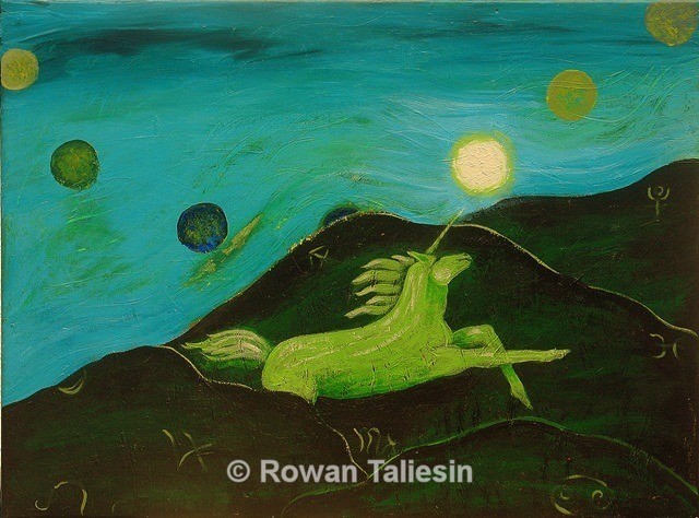 The Moon and the Unicorn copyright of Rowan Taliesin, magical unicorn dancing under the moon.
