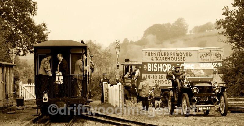 WLLR Cyfronydd Station with steam train steam car and steam lorry sepi - The Welshpool & Llanfair Light Railway