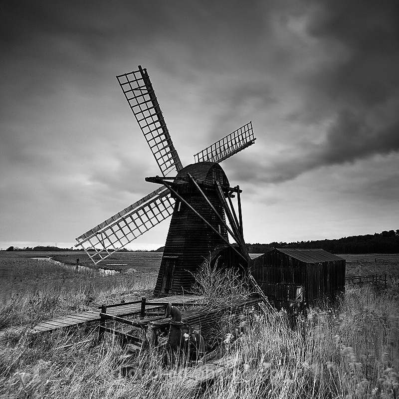 Black and white photograph of Herringfleet windmill on the Norfolk Broads