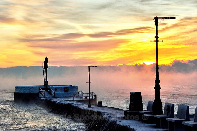 NEW LO100 A chilly sunrise by The Banjo Pier at Looe as the mist rises - Greeting Cards - Looe