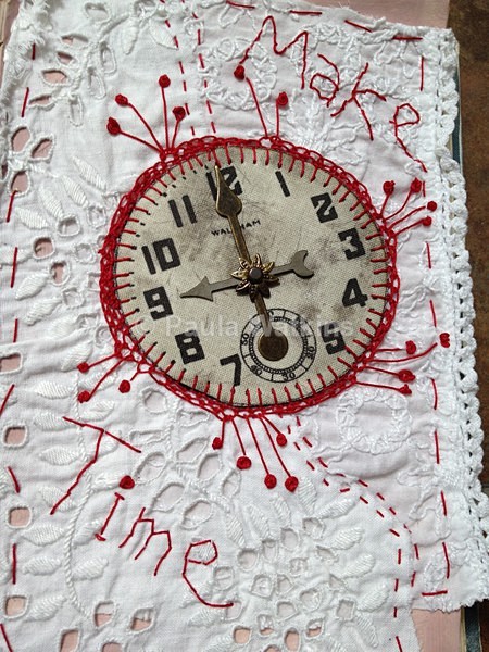 Stitch, lace and moving hands on a fabric clock. - Altered Books and Handmade Books
