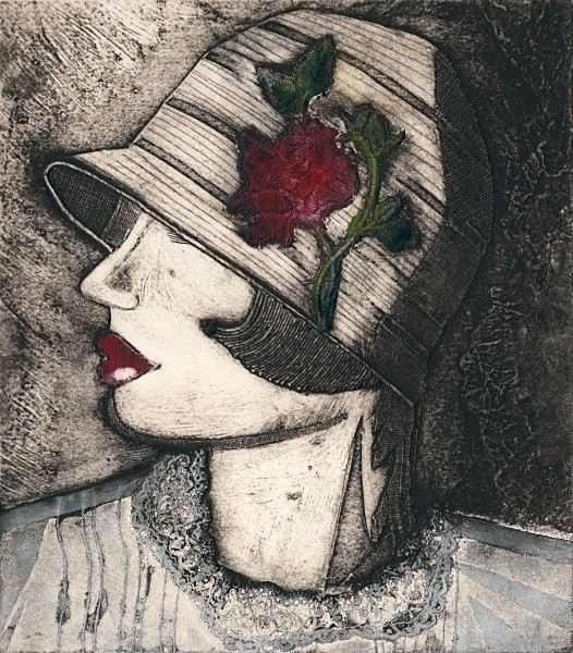 Woman in a Hat with a Red Rose - Collagraphs