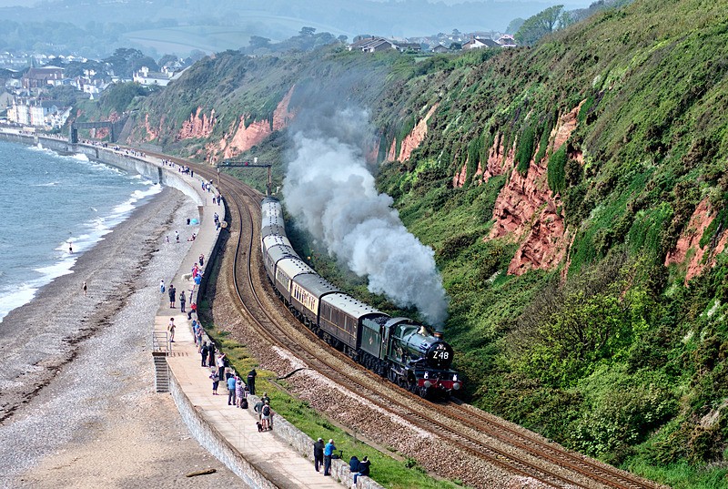 TR07 Steam train Clun Castle pulling 1Z48 train near Dawlish Warren - Greetings Cards - Trains