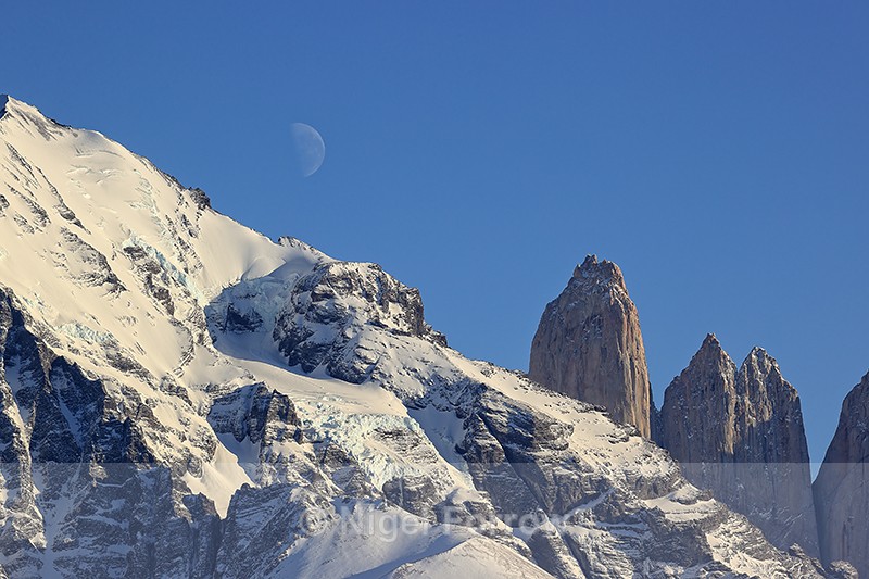 Moon setting near Three Torres, Cordillera Paine, Torres del Paine - Chile