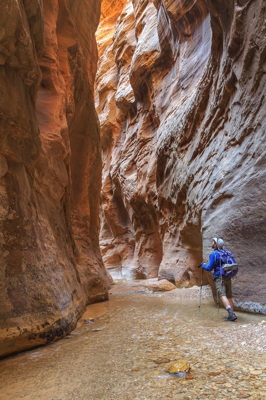 Hiker in Orderville Slot - Utah