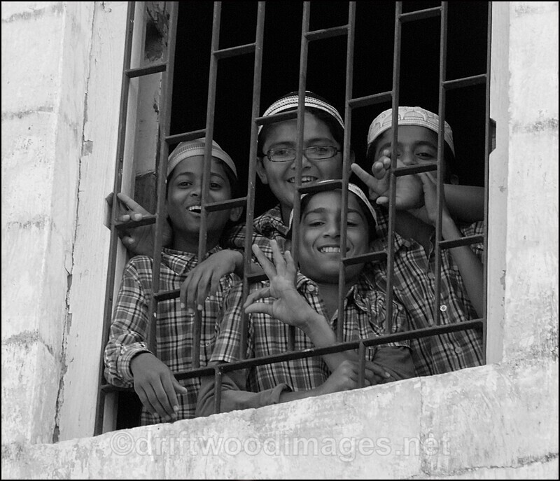 Porbander India school group at window bw - India