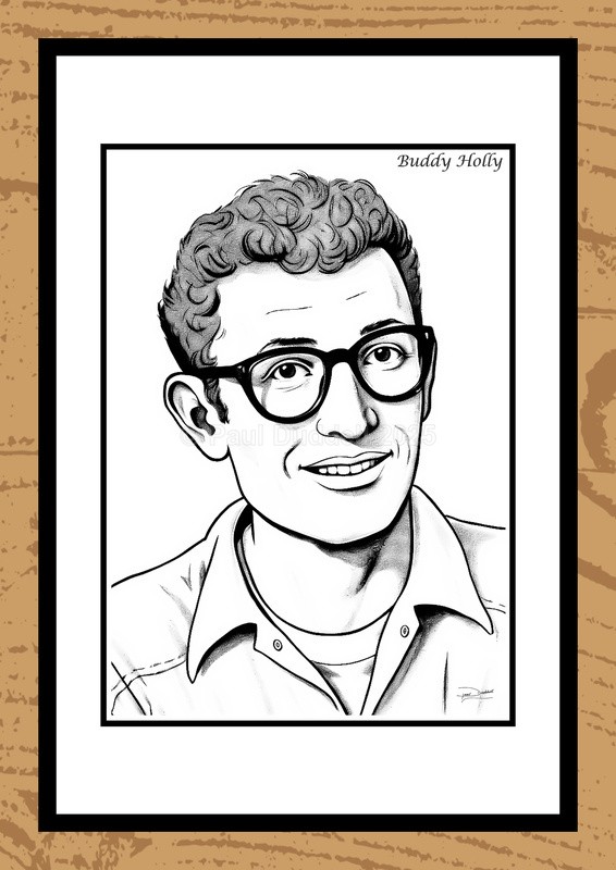 Buddy Holly Hand-Drawn Portrait - Legends of Film by Artist Paul Duddell