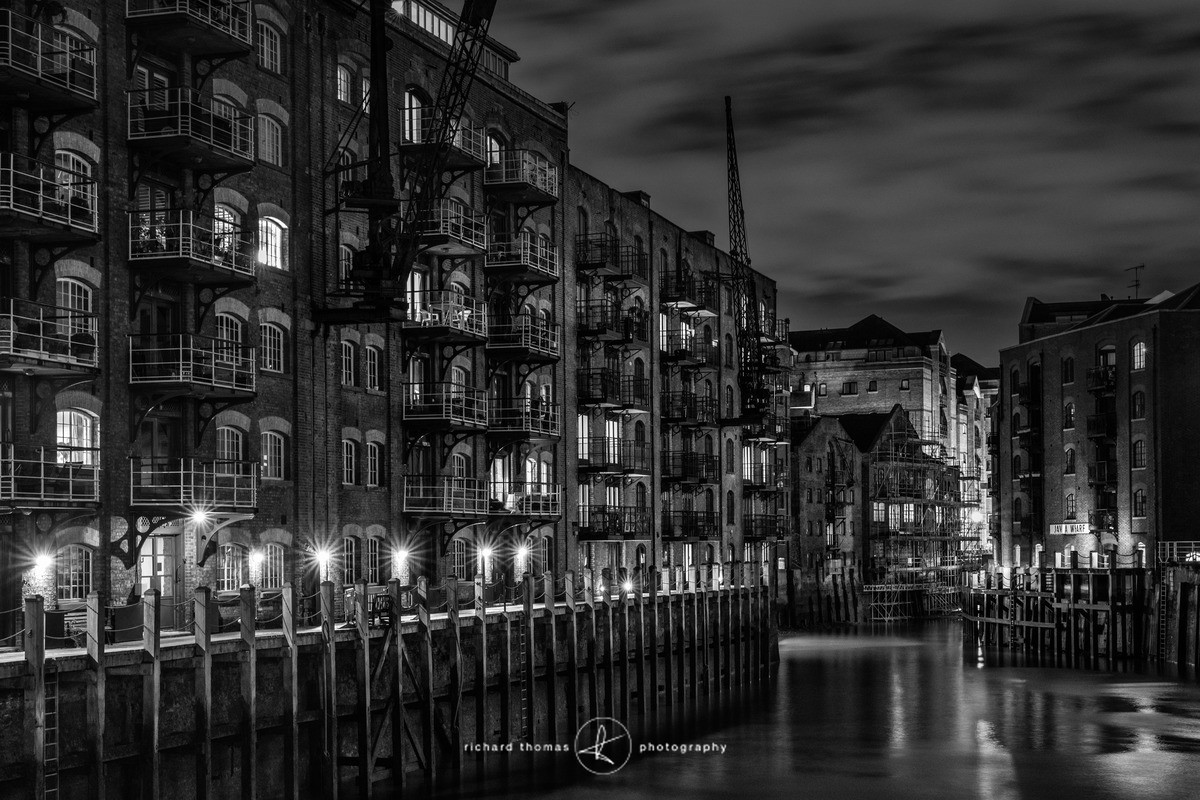 St Saviours dock by the River Thames in London at night